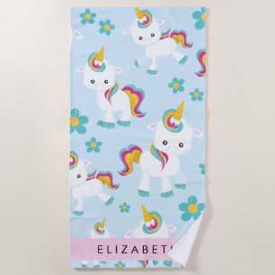 Pattern Of Unicorns, Cute Unicorns, Your Name Beach Towel