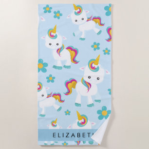 Pattern Of Unicorns, Cute Unicorns, Your Name Beach Towel