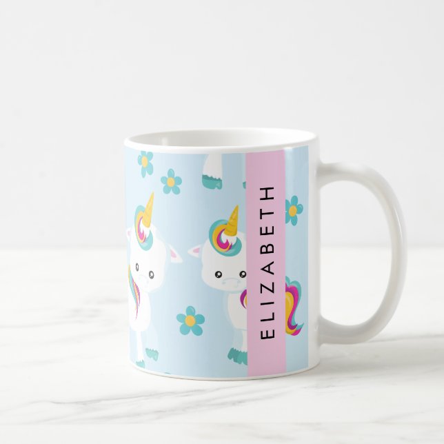 Pattern Of Unicorns, Cute Unicorns, Your Name Coffee Mug (Right)