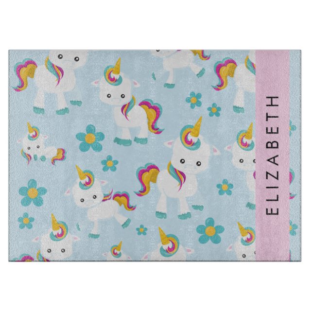 Pattern Of Unicorns, Cute Unicorns, Your Name Cutting Board (Front)