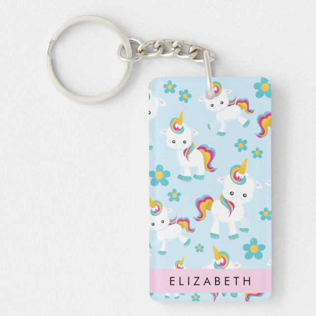 Pattern Of Unicorns, Cute Unicorns, Your Name Key Ring (Front)