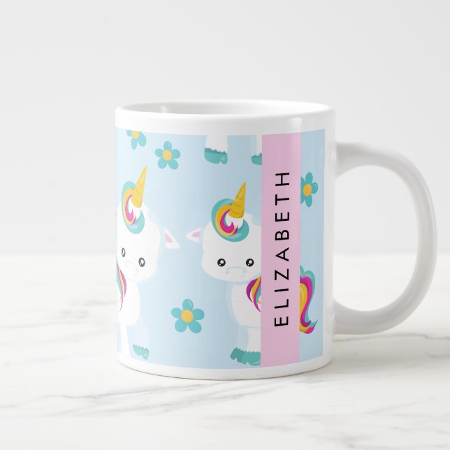 Pattern Of Unicorns, Cute Unicorns, Your Name Large Coffee Mug (Right)