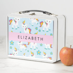 Pattern Of Unicorns, Cute Unicorns, Your Name Metal Lunch Box
