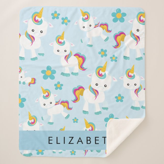 Pattern Of Unicorns, Cute Unicorns, Your Name Sherpa Blanket (Front)