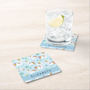 Pattern Of Unicorns, Cute Unicorns, Your Name Square Paper Coaster