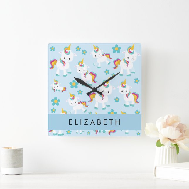 Pattern Of Unicorns, Cute Unicorns, Your Name Square Wall Clock (Home)