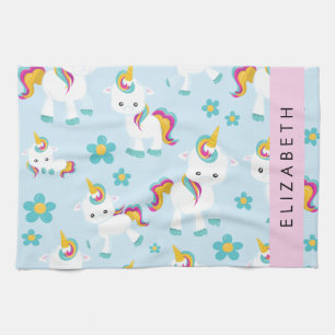 Pattern Of Unicorns, Cute Unicorns, Your Name Tea Towel