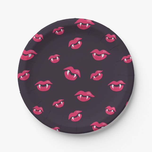 Pattern Of Vampire Lips And Fangs Paper Plate (Front)