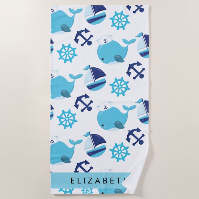 Pattern Of Whales, Blue Whales, Your Name Beach Towel (Front)