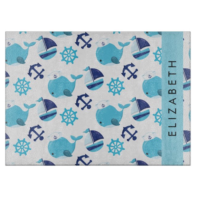 Pattern Of Whales, Blue Whales, Your Name Cutting Board (Front)