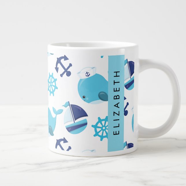 Pattern Of Whales, Blue Whales, Your Name Large Coffee Mug (Right)