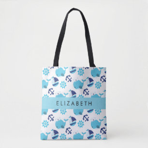 Pattern Of Whales, Blue Whales, Your Name Tote Bag