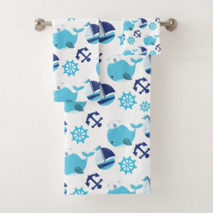 Pattern Of Whales, Cute Whales, Blue Whales Bath Towel Set