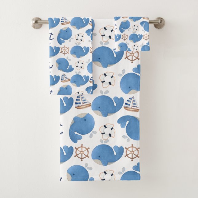 Pattern Of Whales, Cute Whales, Blue Whales Bath Towel Set (Insitu)
