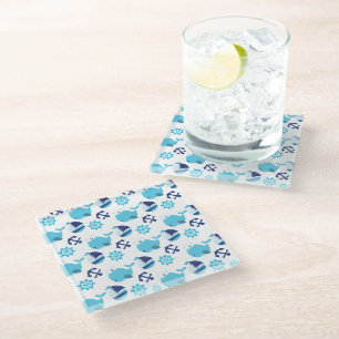 Pattern Of Whales, Cute Whales, Blue Whales Glass Coaster