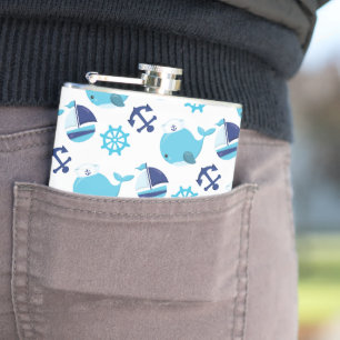 Pattern Of Whales, Cute Whales, Blue Whales Hip Flask