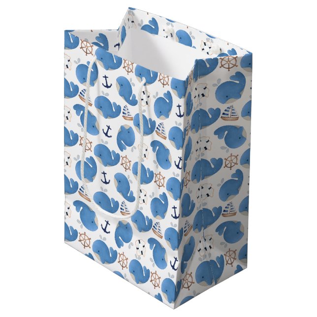 Pattern Of Whales, Cute Whales, Blue Whales Medium Gift Bag (Front Angled)