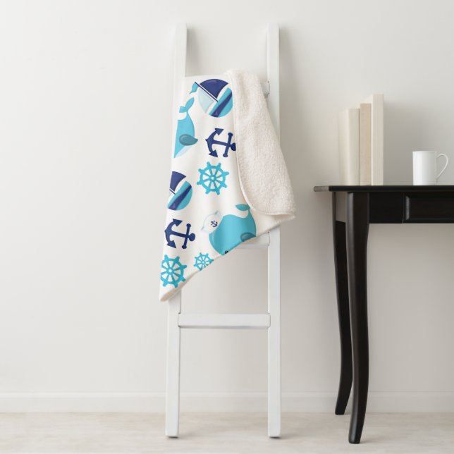 Pattern Of Whales, Cute Whales, Blue Whales Sherpa Blanket (In Situ)