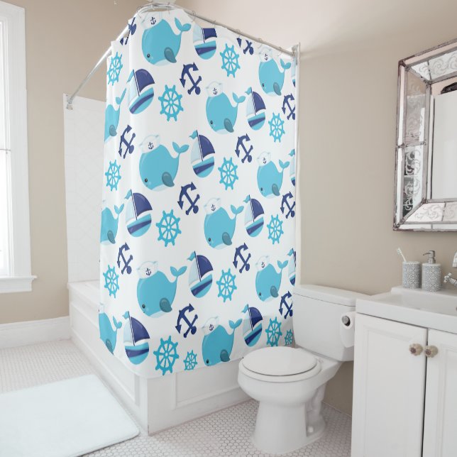 Pattern Of Whales, Cute Whales, Blue Whales Shower Curtain (In Situ)