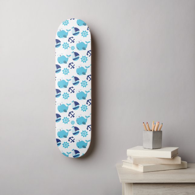 Pattern Of Whales, Cute Whales, Blue Whales Skateboard (Wall Art)