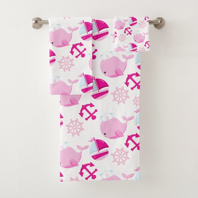 Pattern Of Whales, Cute Whales, Pink Whales Bath Towel Set (Insitu)