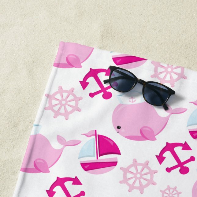Pattern Of Whales, Cute Whales, Pink Whales Beach Towel (In Situ)