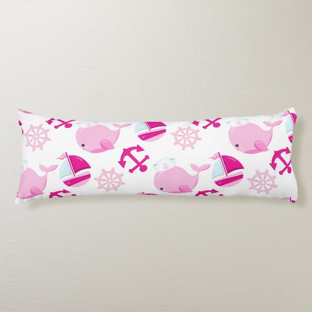 Pattern Of Whales, Cute Whales, Pink Whales Body Cushion (Front)