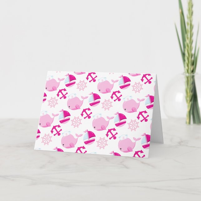 Pattern Of Whales, Cute Whales, Pink Whales Card (Front)