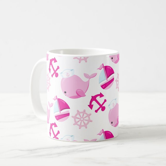 Pattern Of Whales, Cute Whales, Pink Whales Coffee Mug (Front Left)