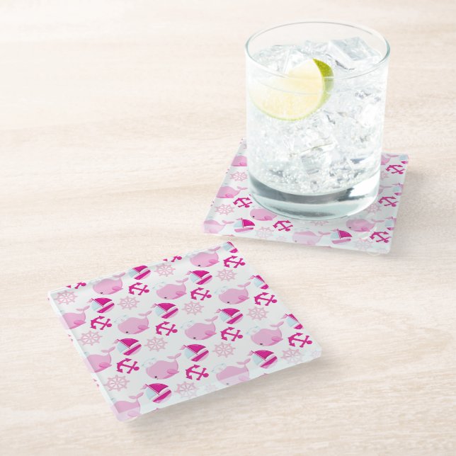 Pattern Of Whales, Cute Whales, Pink Whales Glass Coaster (Angled)