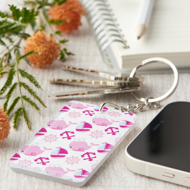 Pattern Of Whales, Cute Whales, Pink Whales Key Ring (Front Right)