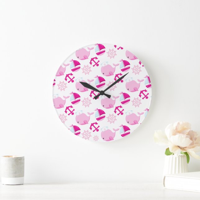 Pattern Of Whales, Cute Whales, Pink Whales Large Clock (Home)