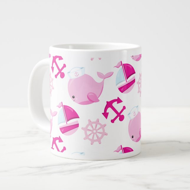 Pattern Of Whales, Cute Whales, Pink Whales Large Coffee Mug (Front Left)