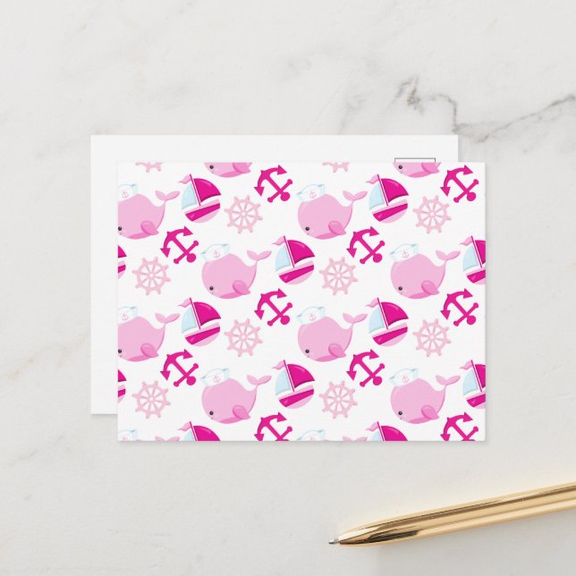 Pattern Of Whales, Cute Whales, Pink Whales Postcard (Front/Back In Situ)