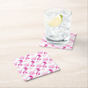 Pattern Of Whales, Cute Whales, Pink Whales Square Paper Coaster