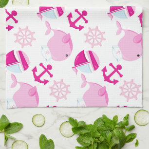 Pattern Of Whales, Cute Whales, Pink Whales Tea Towel