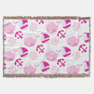 Pattern Of Whales, Cute Whales, Pink Whales Throw Blanket