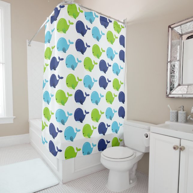 Pattern Of Whales, Cute Whales, Sea Animals Shower Curtain (In Situ)