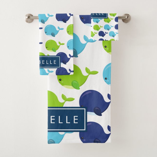 Pattern Of Whales, Cute Whales, Your Name Bath Towel Set (Insitu)