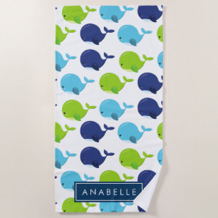 Pattern Of Whales, Cute Whales, Your Name Beach Towel