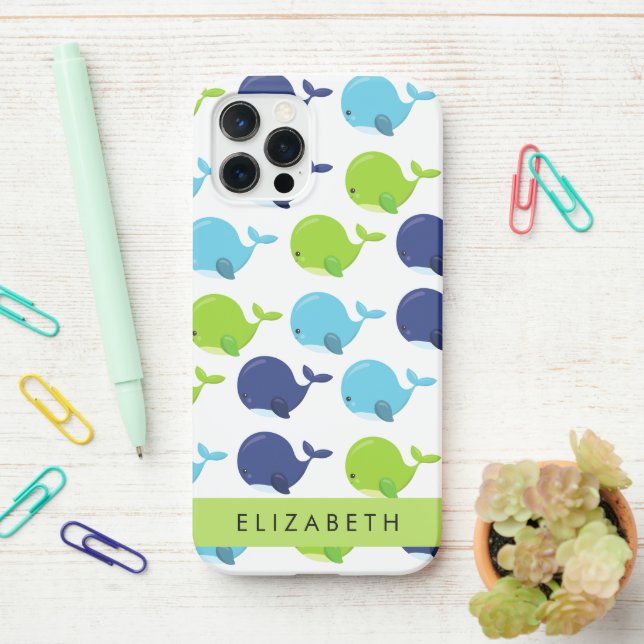 Pattern Of Whales, Cute Whales, Your Name iPhone Case (On Desk)