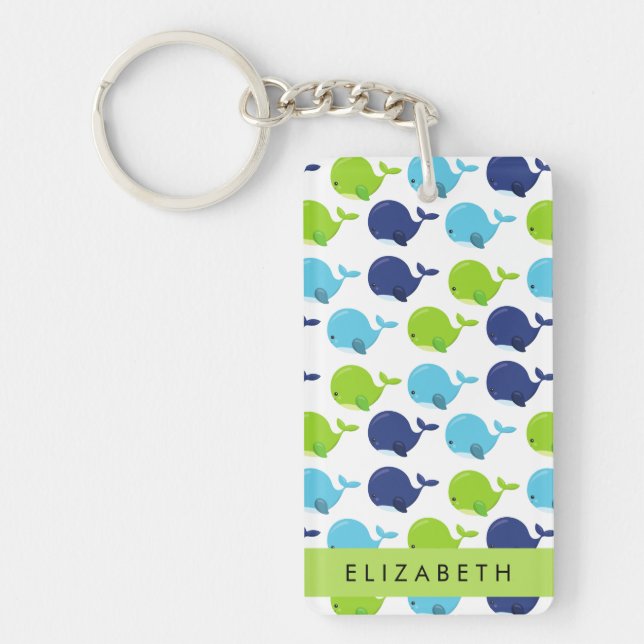 Pattern Of Whales, Cute Whales, Your Name Key Ring (Front)