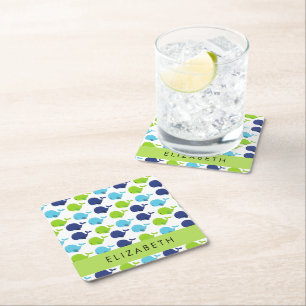 Pattern Of Whales, Cute Whales, Your Name Square Paper Coaster