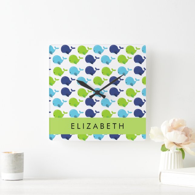 Pattern Of Whales, Cute Whales, Your Name Square Wall Clock (Home)