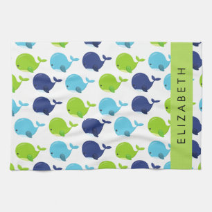 Pattern Of Whales, Cute Whales, Your Name Tea Towel