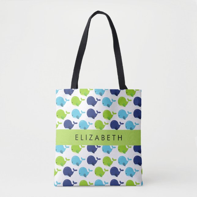 Pattern Of Whales, Cute Whales, Your Name Tote Bag (Front)
