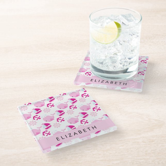 Pattern Of Whales, Pink Whales, Your Name Glass Coaster (Angled)