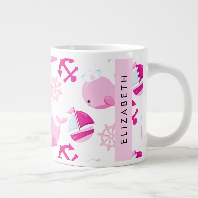 Pattern Of Whales, Pink Whales, Your Name Large Coffee Mug (Right)