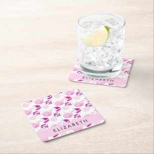 Pattern Of Whales, Pink Whales, Your Name Square Paper Coaster