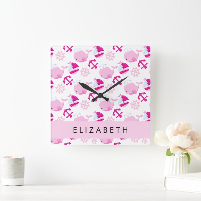 Pattern Of Whales, Pink Whales, Your Name Square Wall Clock (Home)